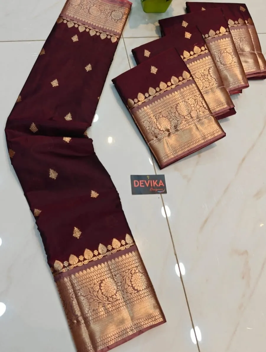 Mahogany Brown Soft Tissue Banaras Saree with Copper Zari Buttas